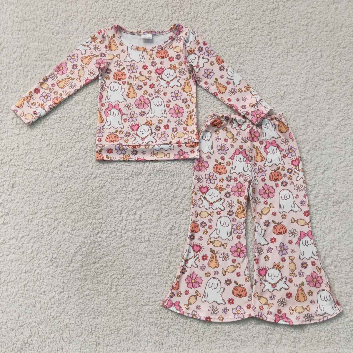 Sibling Baby Girls Halloween Ghost Pumpkin Print Bell Bottom Pants Outfit