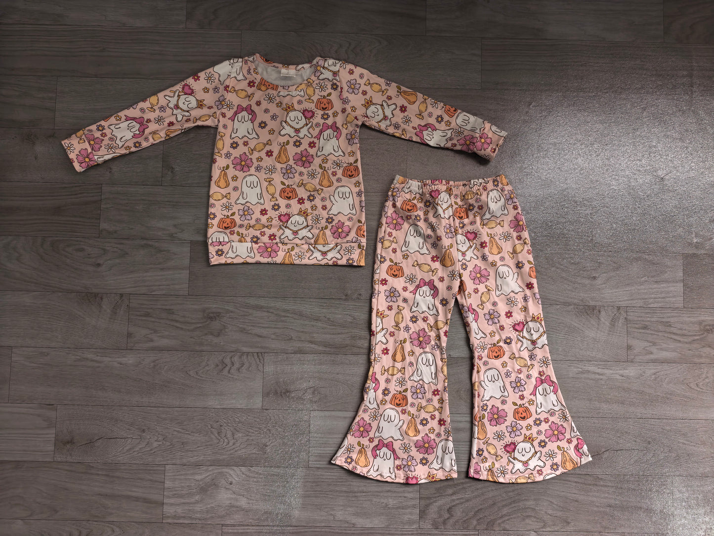 Preorder Ghost Candy Flowers Pumpkin Print Bell Pants Girls Halloween Clothes Set