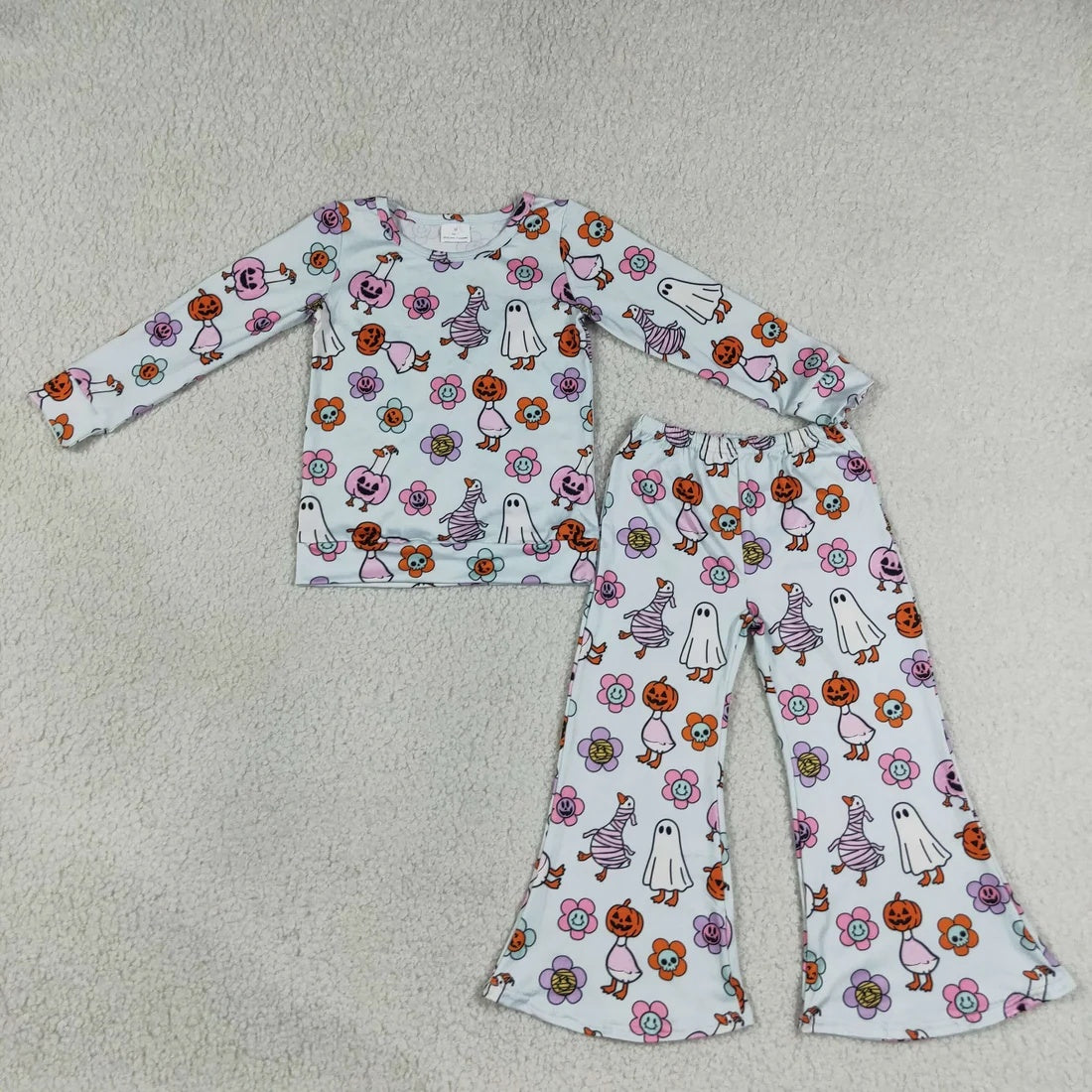 Sibling Baby Girls Halloween Ghost Pumpkin Print Bell Bottom Pants Outfit