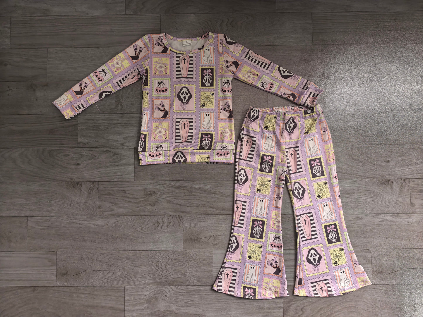 GLP3402 Preorder Cherry Bows Plaid Print Bell Pants Girls Halloween Clothes Set
