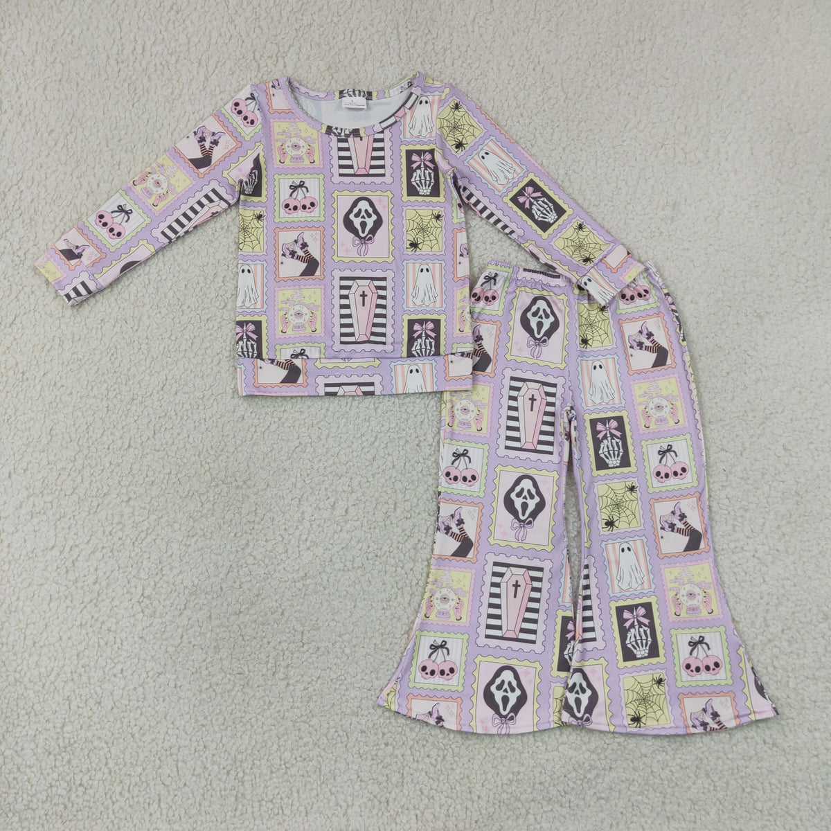 Sibling Baby Girls Halloween Ghost Pumpkin Print Bell Bottom Pants Outfit