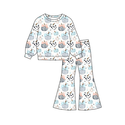 5.20 GLP3403 Preorder Pumpkin Bows Print Bell Pants Girls Fall Clothes Set
