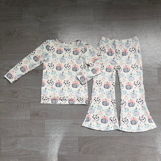 GLP3403 Preorder Pumpkin Bows Print Bell Pants Girls Fall Clothes Set