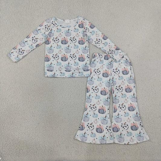 Sibling Baby Girls Bows Pumpkins Top Flare Pants Fall Clothes Set Zip Rompers