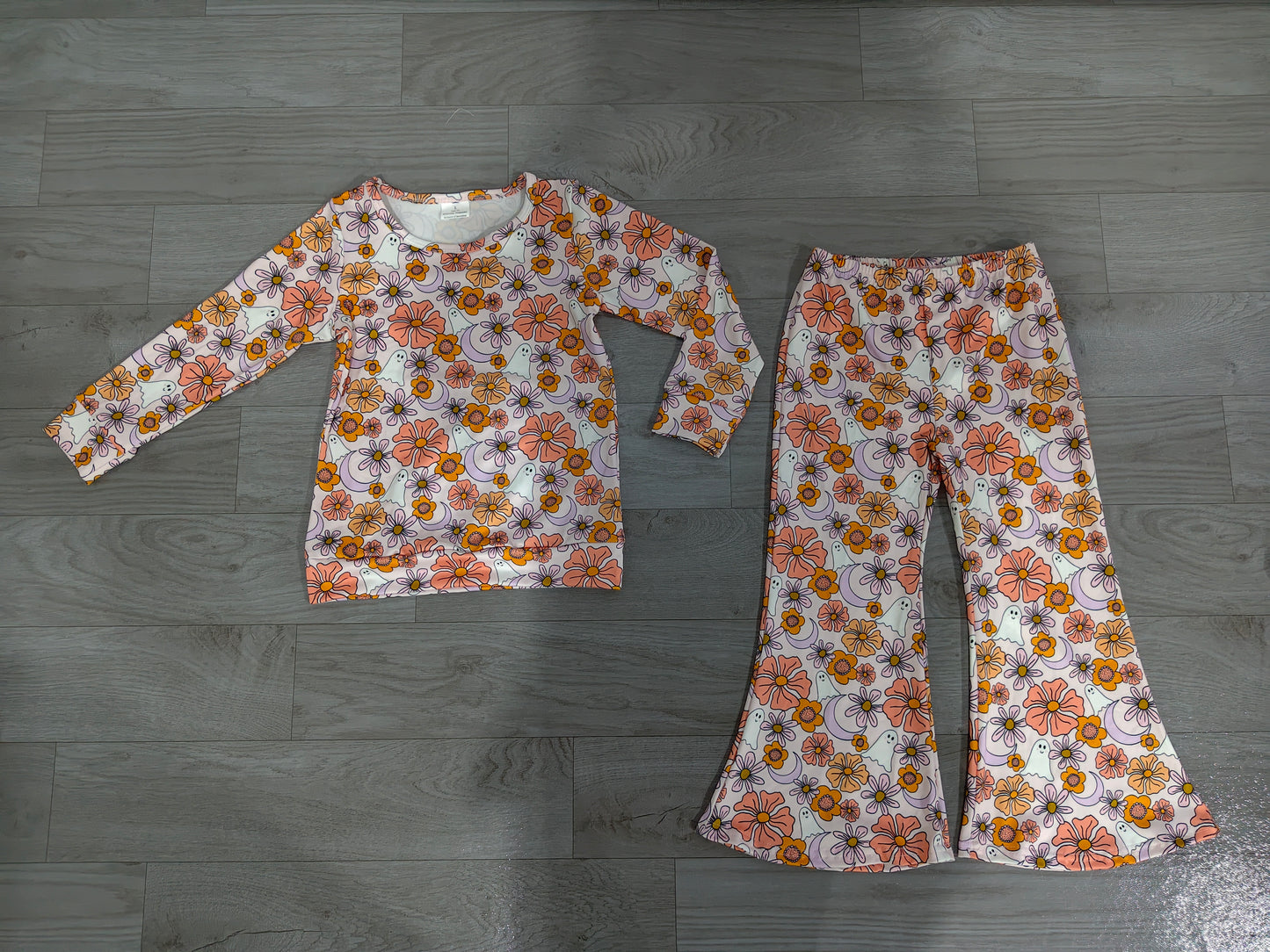 5.20 GLP3404 Preorder Ghost Flowers Print Bell Pants Girls Halloween Clothes Set