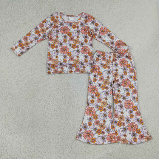 GLP3404 Ghost Flowers Print Bell Pants Girls Halloween Clothes Set