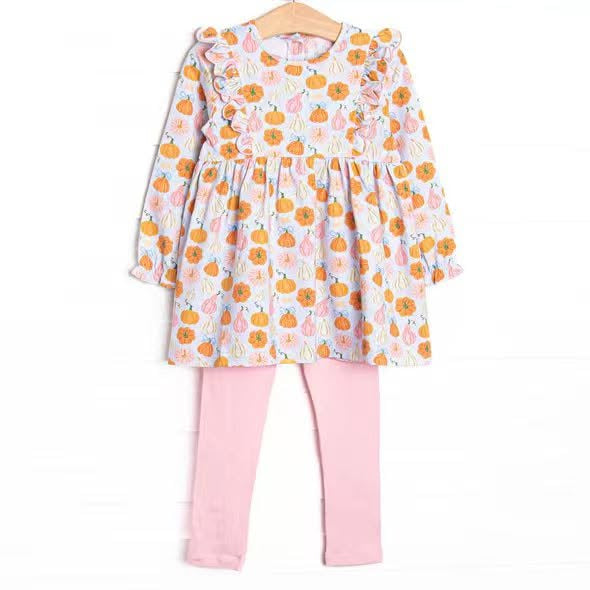 6.18 Preorder GLP3408 Pumpkin Bows Tunic Top Pink Legging Pants Girls Fall Clothes Set
