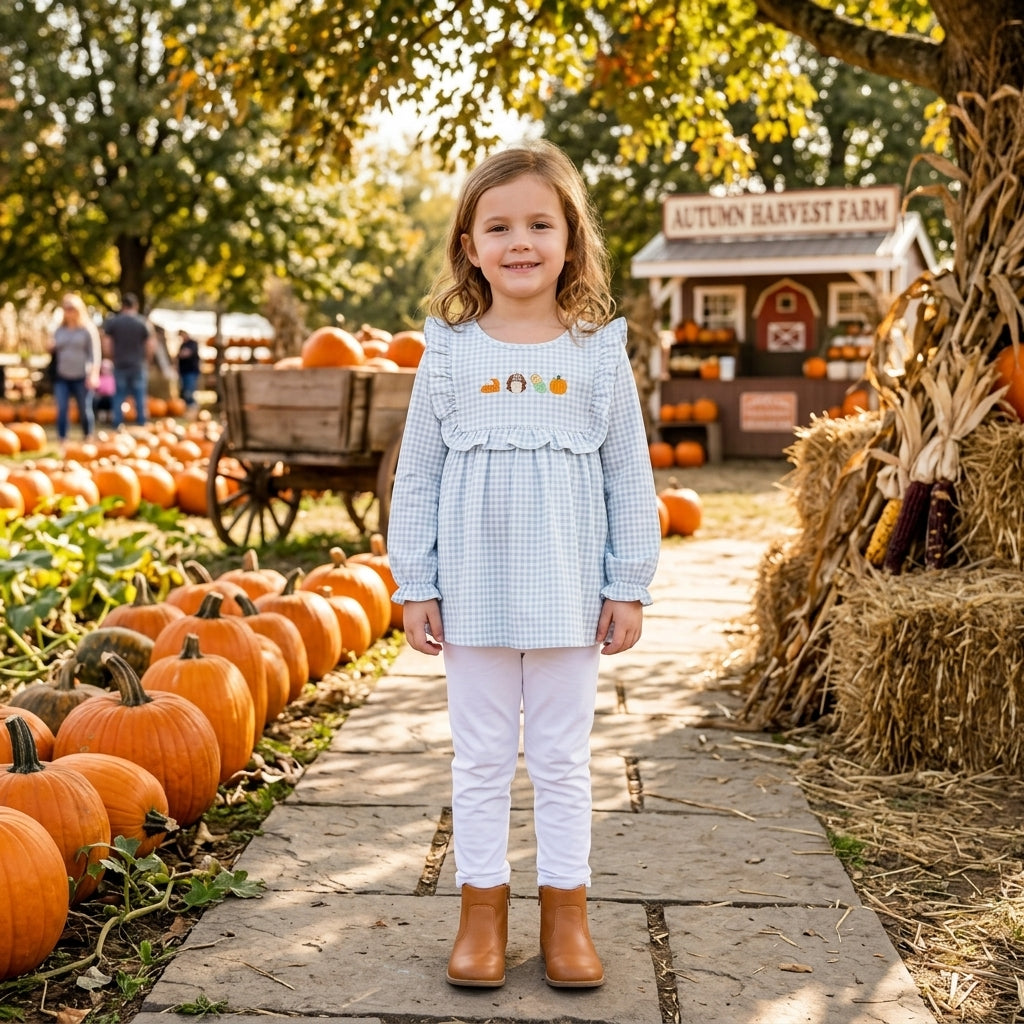 GLP3409 Turkey Pumpkin Embroidery Checkered Tunic Top White Legging Pants Girls Thanksgiving Clothes Set