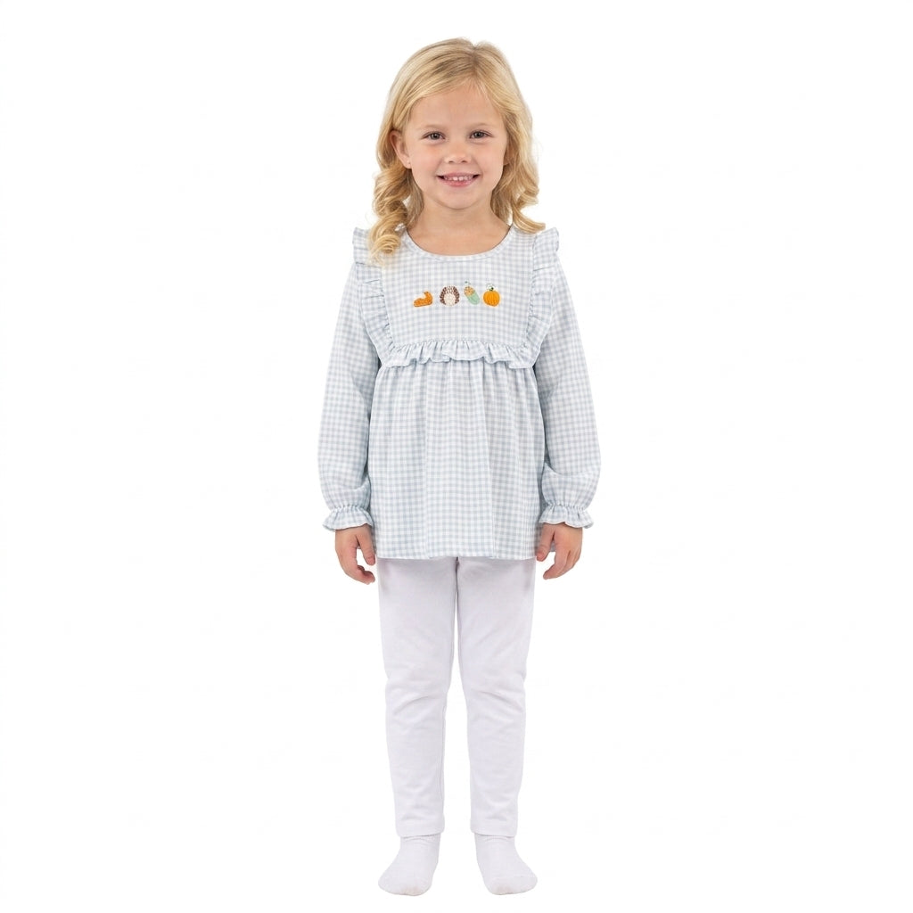 GLP3409 Turkey Pumpkin Embroidery Checkered Tunic Top White Legging Pants Girls Thanksgiving Clothes Set