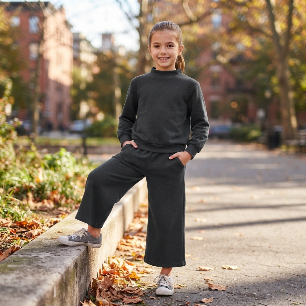GLP3411 Black Color Mock Neck Long Sleeve Top Pocket Pants Girls Cotton Clothes Set