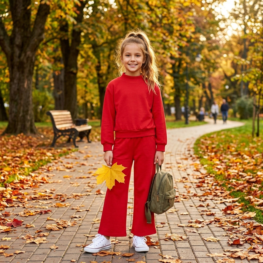 Red Color Long Sleeve Top Pocket Pants Girls Cotton Clothes Set