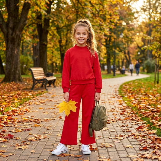 GLP3412 Red Color Long Sleeve Mock Neck Top Pocket Pants Girls Cotton Clothes Set