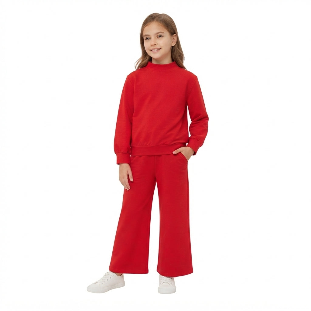 Red Color Long Sleeve Top Pocket Pants Girls Cotton Clothes Set