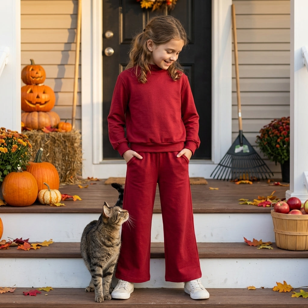 Mommy and Me Maroon Solid Color Cotton Long Sleeve Top Pants Outfit