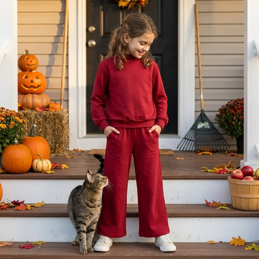 Mommy and Me Maroon Solid Color Cotton Long Sleeve Top Pants Outfit