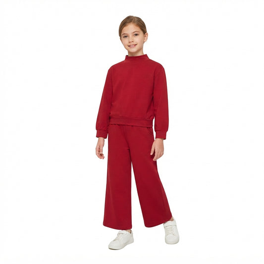 GLP3413 Wine Color Long Sleeve Mock Neck Top Pocket Pants Girls Cotton Clothes Set
