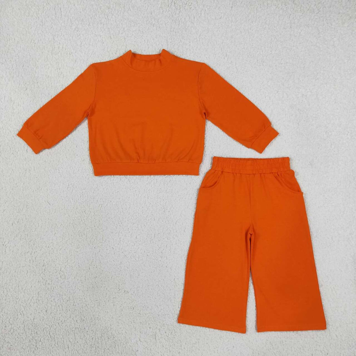 GLP3414 Orange Color Long Sleeve Mock Neck Top Pocket Pants Girls Cotton Clothes Set