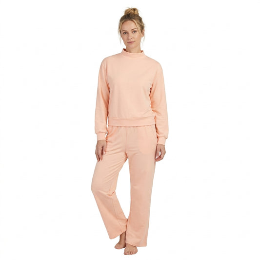 Pink Color Long Sleeve Top Pocket Pants Woman Cotton Clothes Set