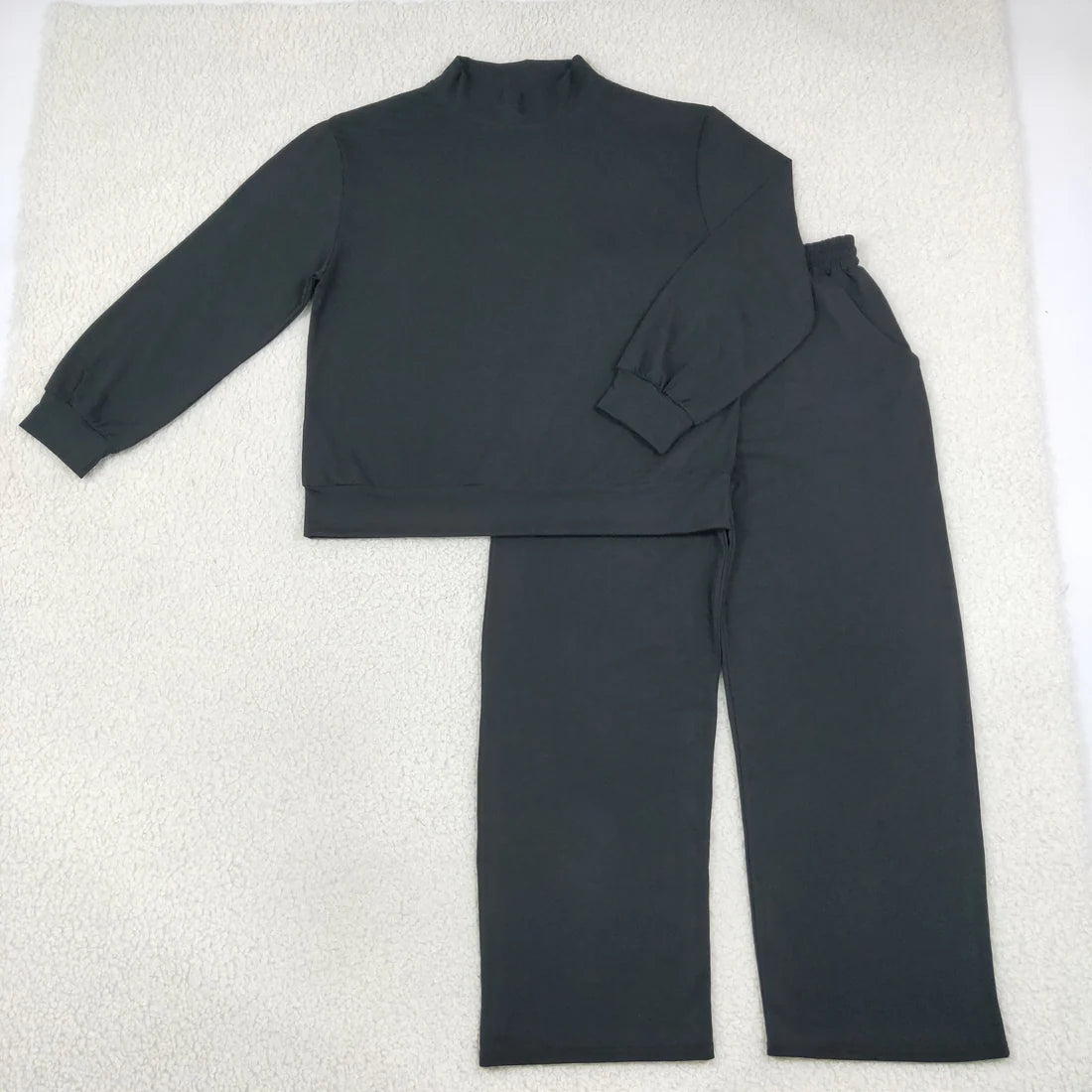 Sibling Adult Solid Color Cotton Mock Neck Long Sleeve Top Wide Leg Pants Outfit