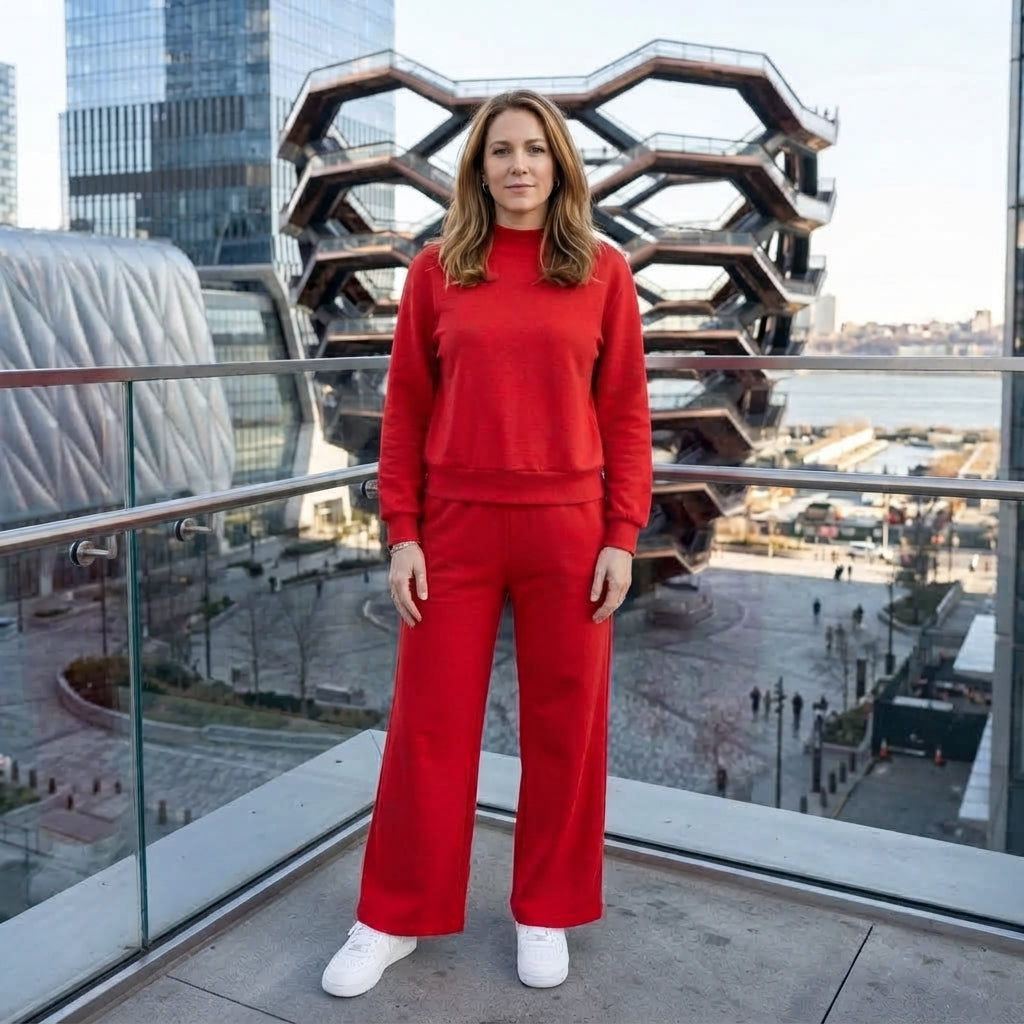 Red Color Long Sleeve Top Pocket Pants Woman Cotton Clothes Set
