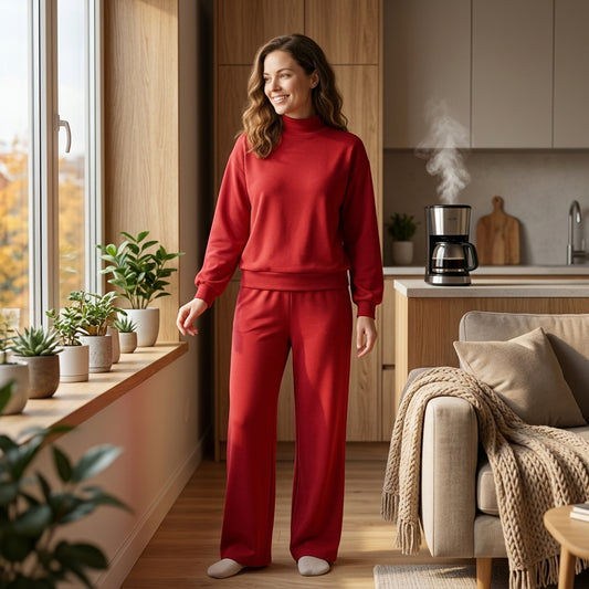 GLP3418 Adult Wine Color Long Sleeve Mock Neck Top Pocket Pants Woman Cotton Clothes Set