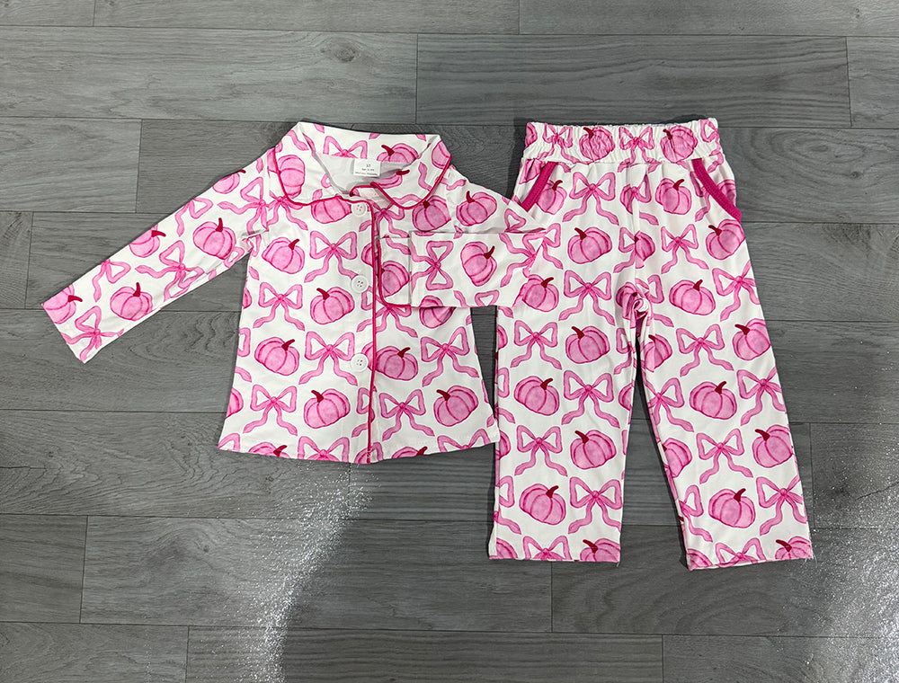 6.24 GLP3423 Preorder Pumpkin Bows Pink Print Woman Fall Pajamas Clothes Set