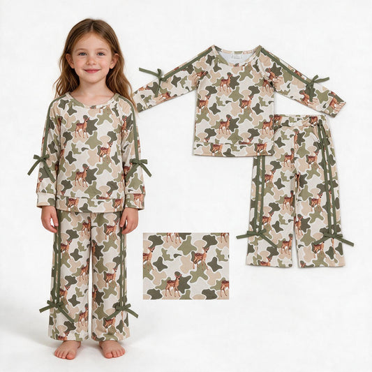 GLP3428 Deer Camo Print Raglan Sleeve Top Straight Pockets Pants Girls Hunting Clothes Set