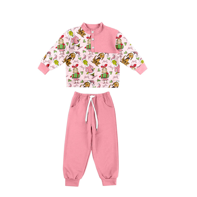 6.26 Preorder Kids Girls Christmas Pink Cartoon Jogger Outfit