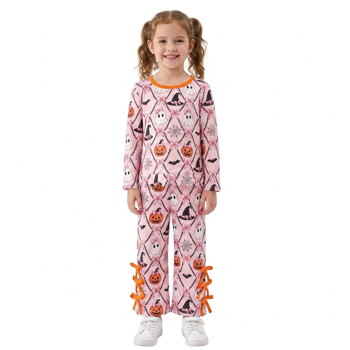 GLP3434 Pumpkin Ghost Bows Scallop Top Straight Pants Girls Halloween Clothes Set