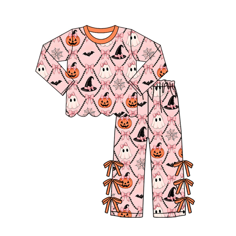 6.27 Preorder GLP3434 Pumpkin Ghost Bows Scallop Top Bows Pants Girls Halloween Clothes Set