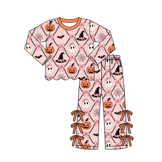 Preorder GLP3434 Pumpkin Ghost Bows Scallop Top Bows Pants Girls Halloween Clothes Set