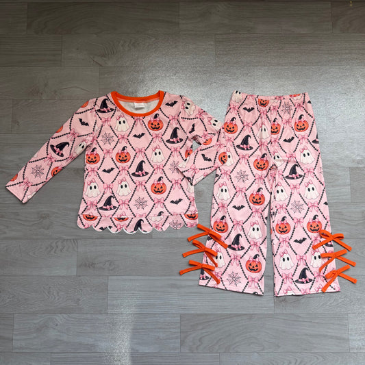 Preorder GLP3434 Pumpkin Ghost Bows Scallop Top Bows Pants Girls Halloween Clothes Set