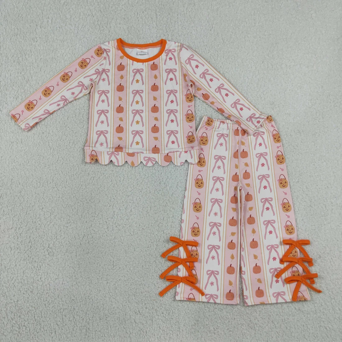 Sibling Baby  Girls Bows Pumpkin Scallop Top with Flare Pants Outfit