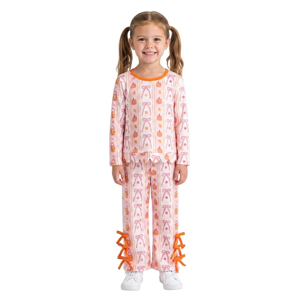 GLP3436 Pumpkin Bows Flowers Scallop Top Straight Pants Girls Halloween Clothes Set