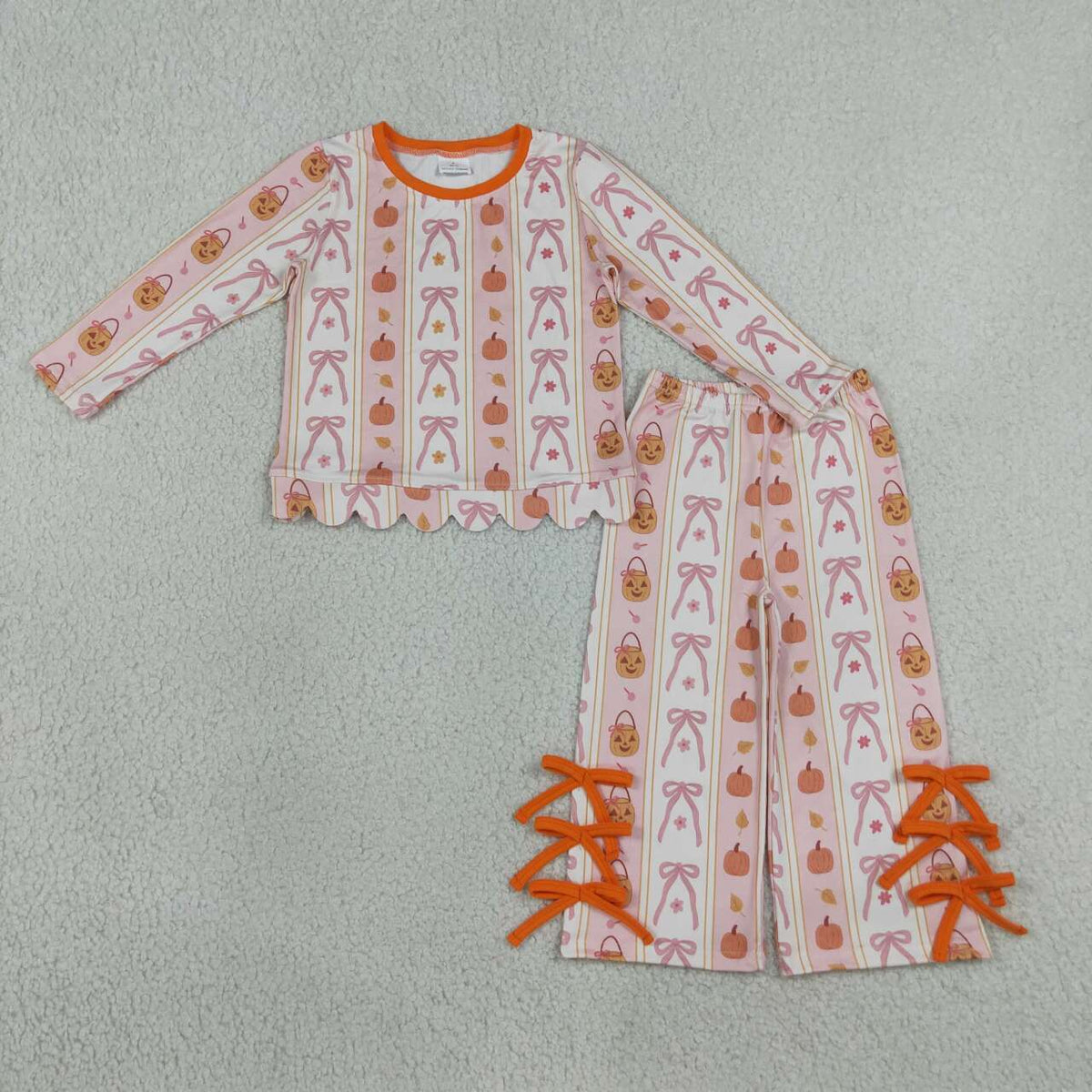GLP3436 Pumpkin Bows Flowers Scallop Top Straight Pants Girls Halloween Clothes Set