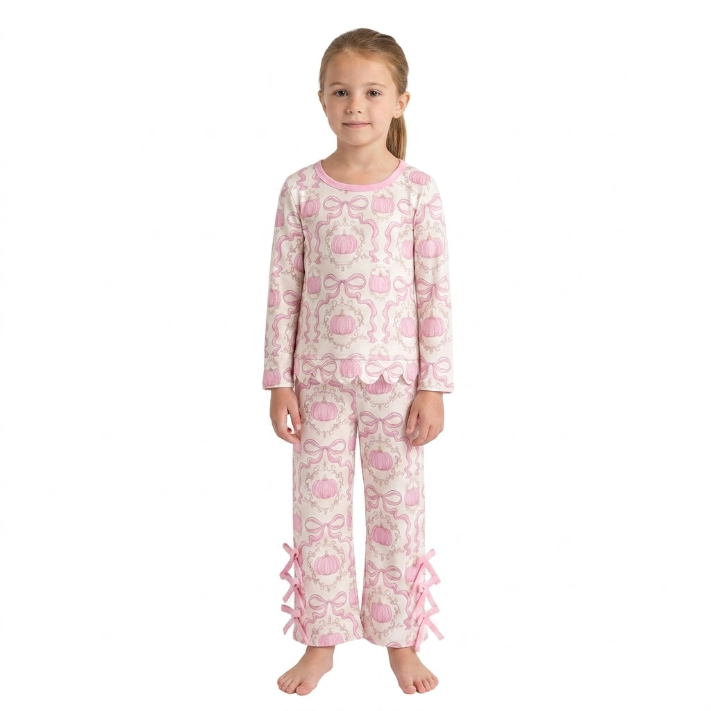 GLP3437 Pumpkin Bows Pink Scallop Top Straight Pants Girls Fall Clothes Set