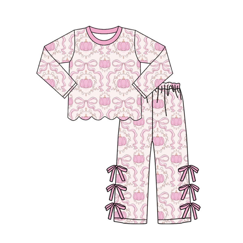 6.27 Preorder GLP3437 Pumpkin Bows Pink Scallop Top Bows Pants Girls Fall Clothes Set