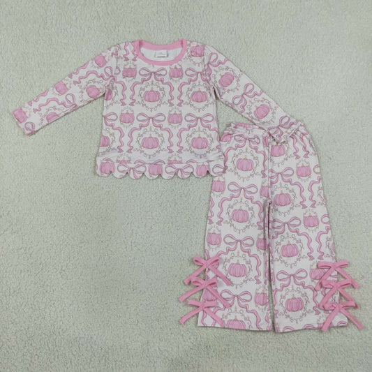 GLP3437 Pumpkin Bows Pink Scallop Top Straight Pants Girls Fall Clothes Set