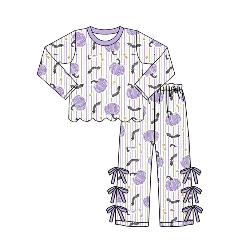 6.27 Preorder GLP3438 Pumpkin Bat Stripes Scallop Top Bows Pants Girls Halloween Clothes Set
