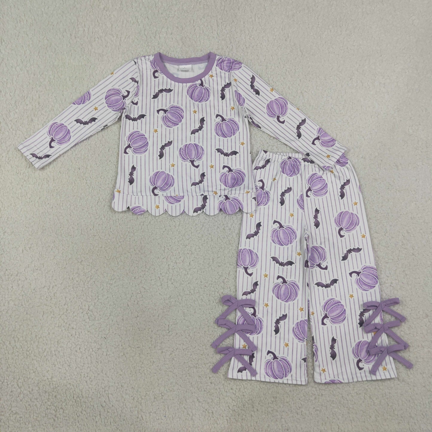 GLP3438 Pumpkin Bat Stripes Scallop Top Bows Pants Girls Halloween Clothes Set