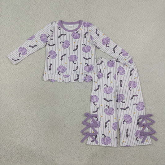 GLP3438 Pumpkin Bat Stripes Scallop Top Bows Pants Girls Halloween Clothes Set