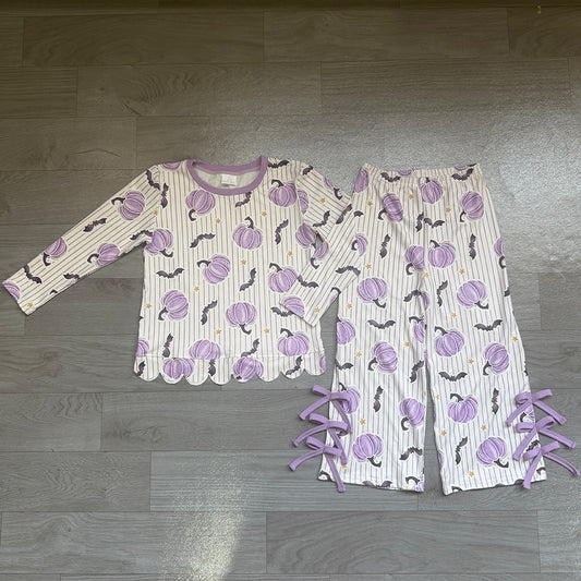 6.27 Preorder GLP3438 Pumpkin Bat Stripes Scallop Top Bows Pants Girls Halloween Clothes Set