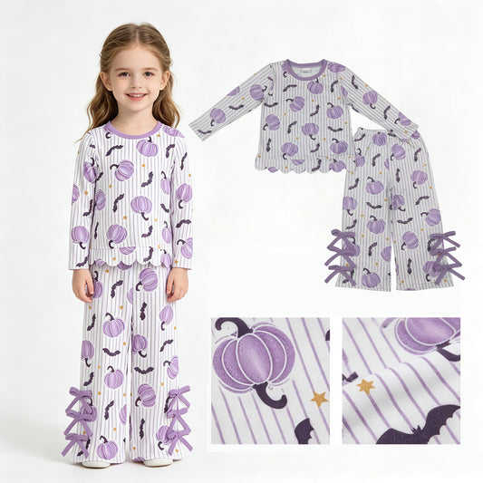 GLP3438 Pumpkin Bat Stripes Scallop Top Bows Pants Girls Halloween Clothes Set