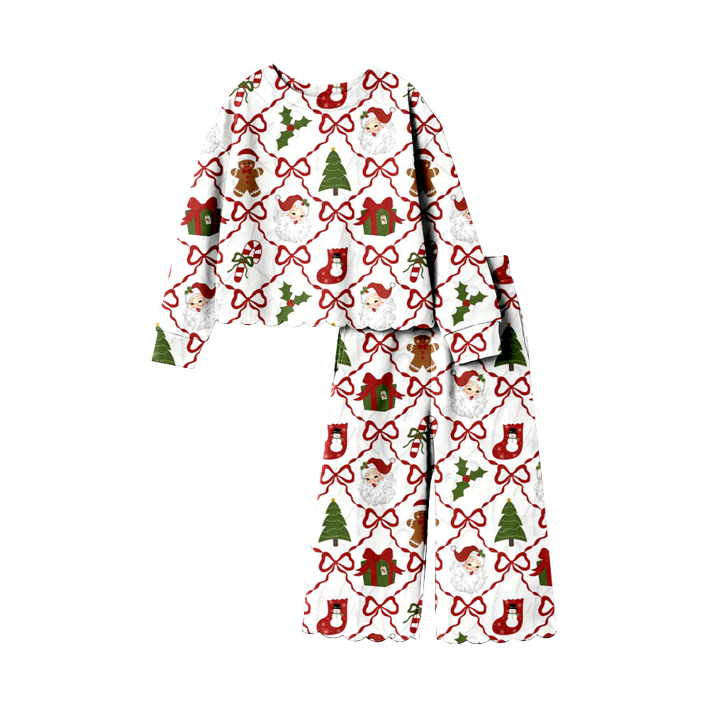 6.27 Preorder GLP3447 Gingerbread Santa Bows Print Girls Christmas Scallop Clothes Set