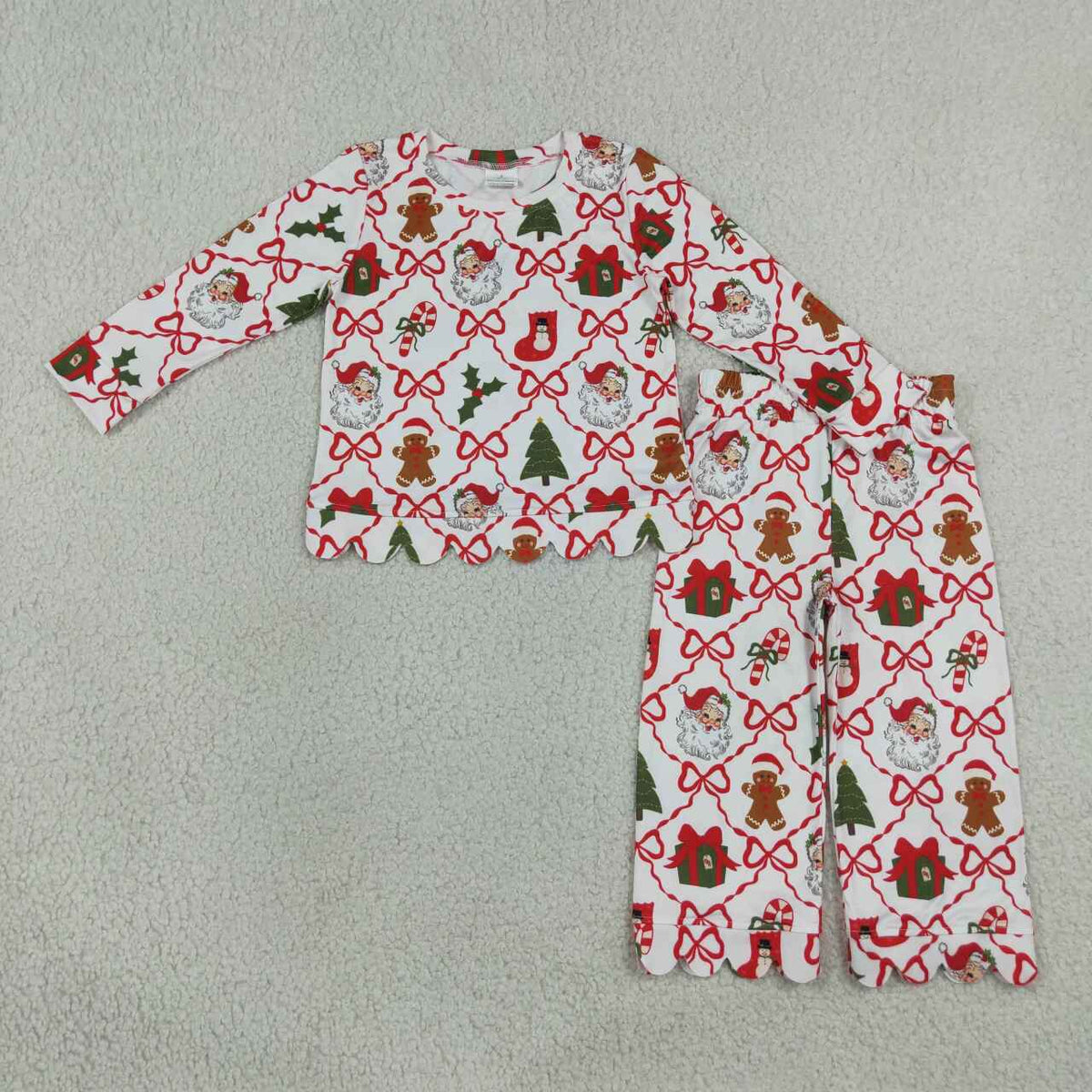 GLP3447 Gingerbread Santa Bows Holly Candy Cane Print Girls Christmas Scallop Clothes Set