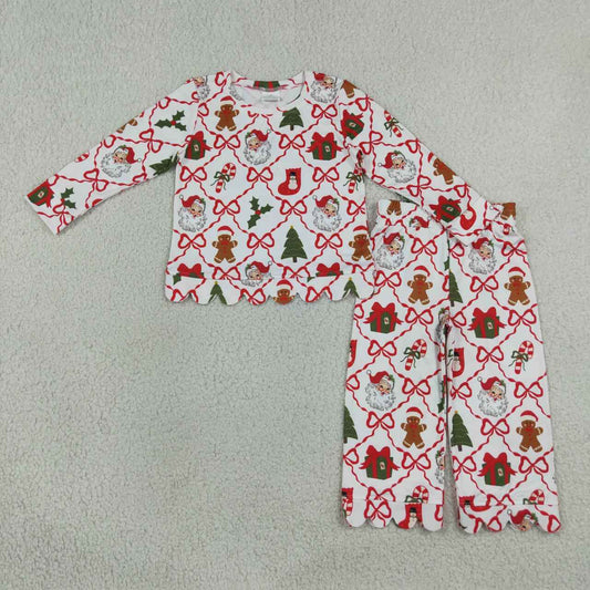 GLP3447 Gingerbread Santa Bows Holly Candy Cane Print Girls Christmas Scallop Clothes Set
