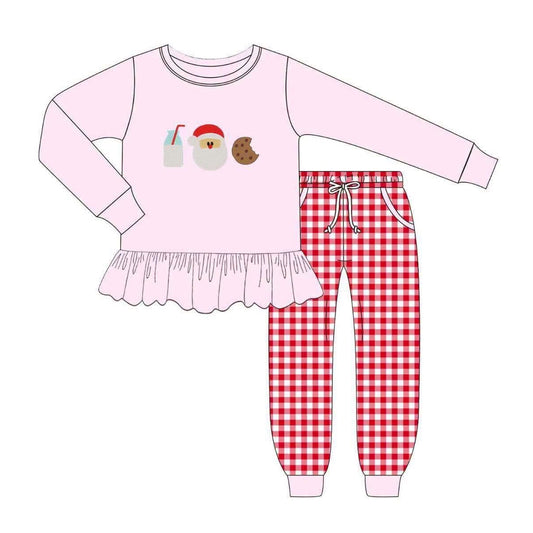6.29 Preorder GLP3448 Milk Santa Cookies Pink Top Plaid Pants Girls Christmas Clothes Set