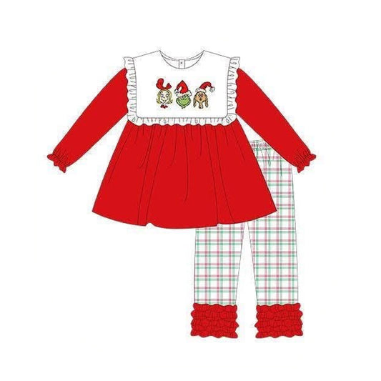 6.29 Preorder GLP3449 Green Frog Red Tunic Top Plaid Pants Girls Christmas Clothes Set