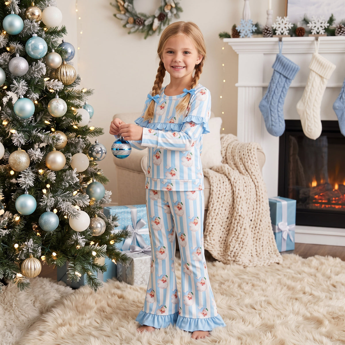GLP3451 Santa Blue Stripes Top Bell Pants Girls Christmas Clothes Set