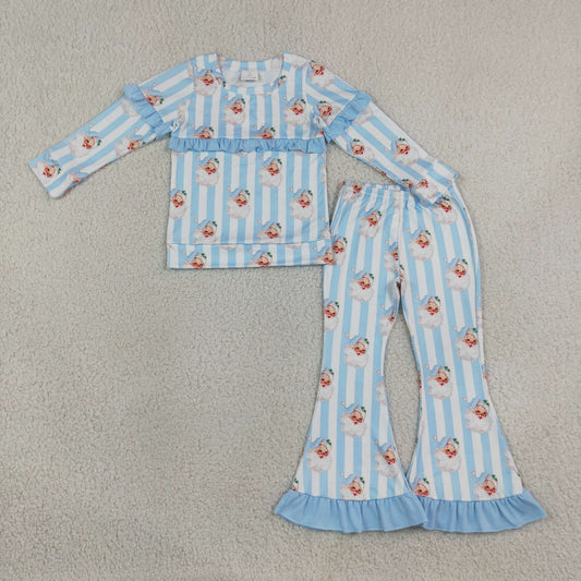 GLP3451 Santa Blue Stripes Top Bell Pants Girls Christmas Clothes Set